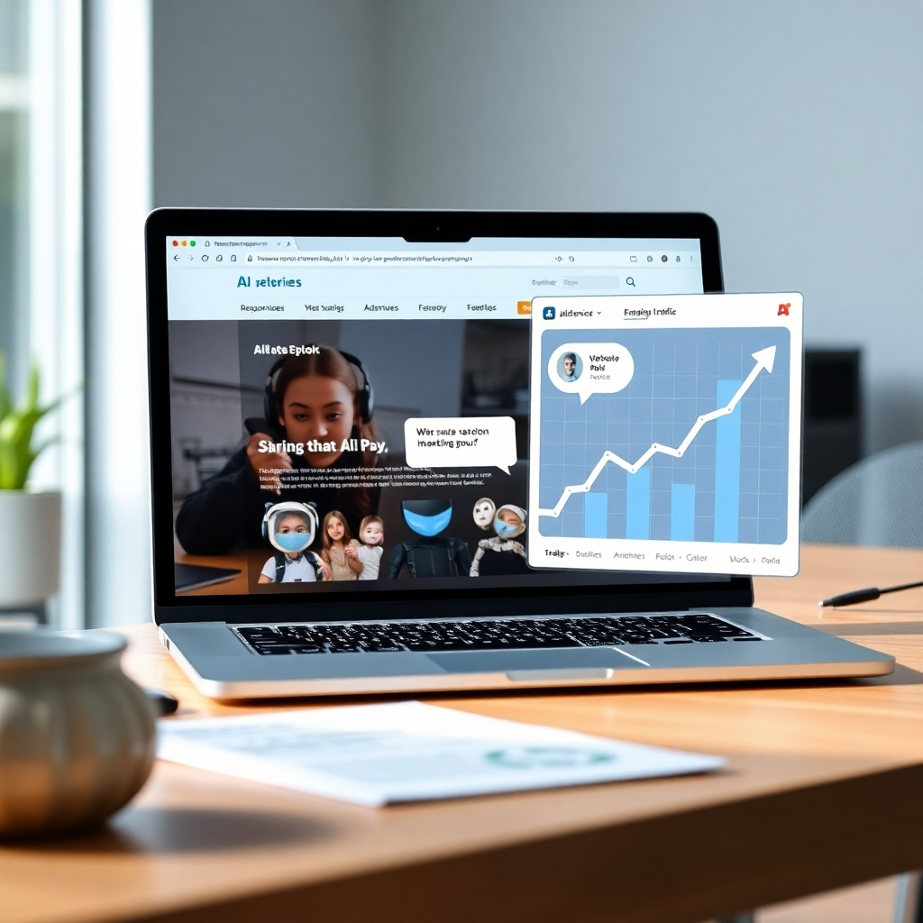 Create a 4K photorealistic image. The image should feature three key elements: a modern, responsive website interface on a laptop screen, a friendly chatbot window engaging in a helpful conversation, and an upward-trending graph indicating website traffic. These should be seamlessly integrated, maybe on a desk in a well-lit, modern office environment. The color scheme should be bright and professional, emphasizing the efficiency and success of AI-driven marketing strategies. The lighting conditions should be soft and diffused, reflecting the seamless integration and smooth operation of the AI solutions. The image style should be clean and contemporary, emphasizing professionalism and trustworthiness.