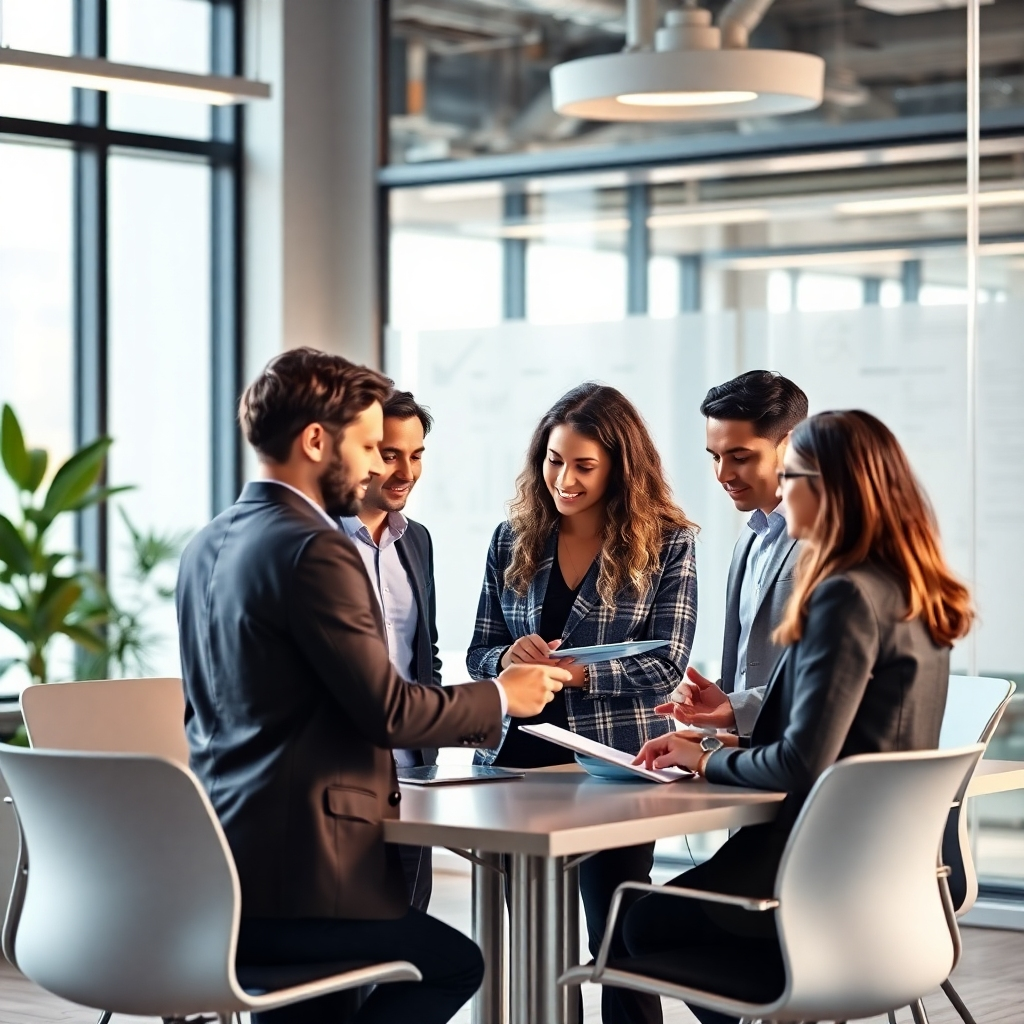 Create a photorealistic image of a team of professionals collaborating in a modern office, using AI-powered tools to analyze marketing data and plan strategies. The scene should be bright and energetic, emphasizing teamwork and innovation.