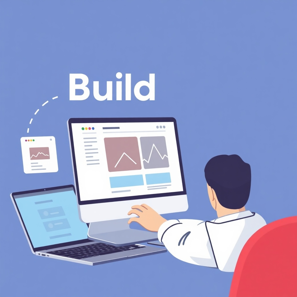 Create a stylish image showing a user easily building a website using a user-friendly interface. The image should highlight the simplicity and speed of the process, emphasizing ease of use.