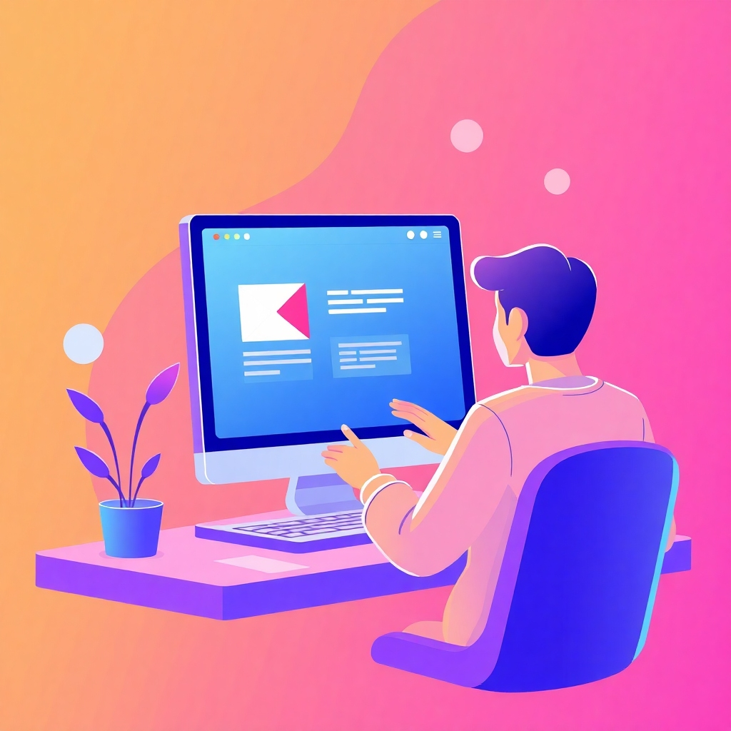 Create a stylized image showcasing a user navigating a website with intuitive ease. Use vibrant colors and smooth transitions to reflect the positive user experience. The style should be modern and minimalistic, highlighting user-centric design and technological integration.