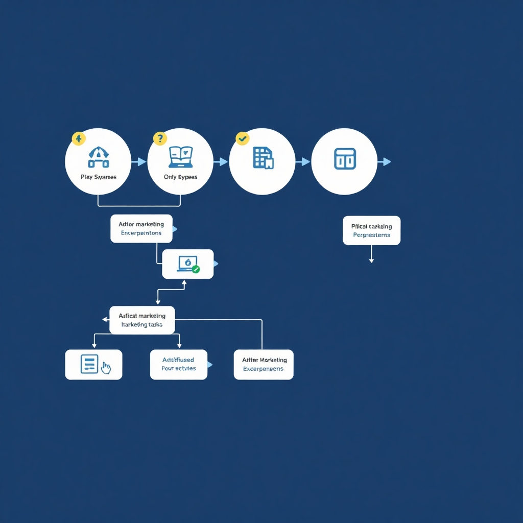 Depict a streamlined workflow showing automated marketing tasks being executed by AI, leading to increased productivity and better results. The image should use a clean and organized layout to highlight efficiency.
