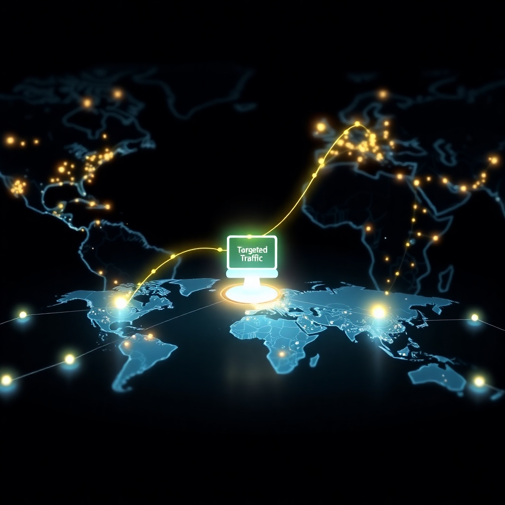 Design an image showing a world map with glowing nodes representing targeted traffic growth stemming from a central point indicating a website. Use futuristic visual effects to emphasize growth and expansion. The colors should be dark, with the nodes brightly lit to represent successful traffic generation.