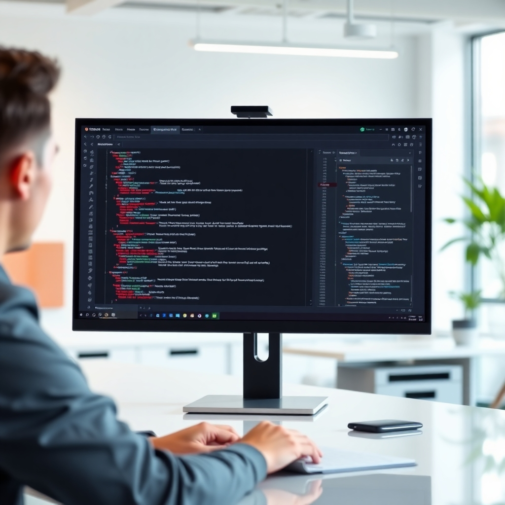 Generate a photorealistic image of a sleek, modern website design in progress on a large monitor, showing clean code and intuitive design elements. The scene should be set in a bright, modern office, reflecting efficiency and innovation. The image should be crisp and clean, with a focus on the modern website design and clean code interface.