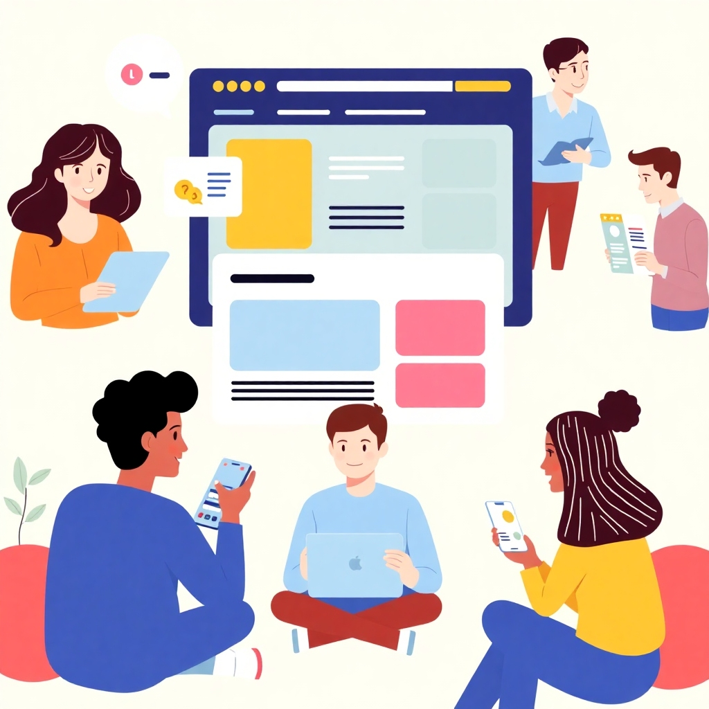 Generate a stylized image showcasing various users engaging with personalized website content and tailored marketing materials. Use bright colors and dynamic elements to communicate the positive user experience.