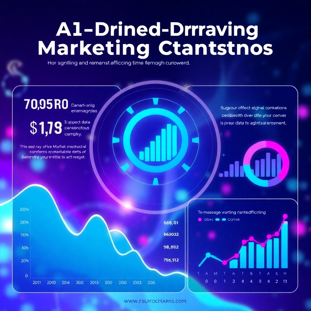 Produce a futuristic data visualization graphic, highlighting key metrics and demonstrating the efficiency and impact of AI-driven marketing campaigns. The visualization should be dynamic and vibrant, representing the data-driven nature of modern marketing.