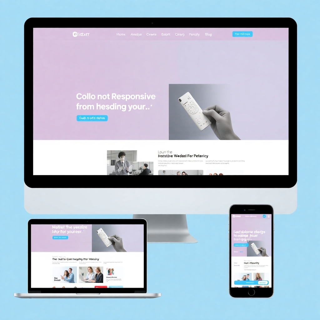 Show a modern, responsive website design on various devices (laptop, tablet, smartphone), highlighting its adaptability and user-friendly interface. The style should be clean, modern, and visually appealing.