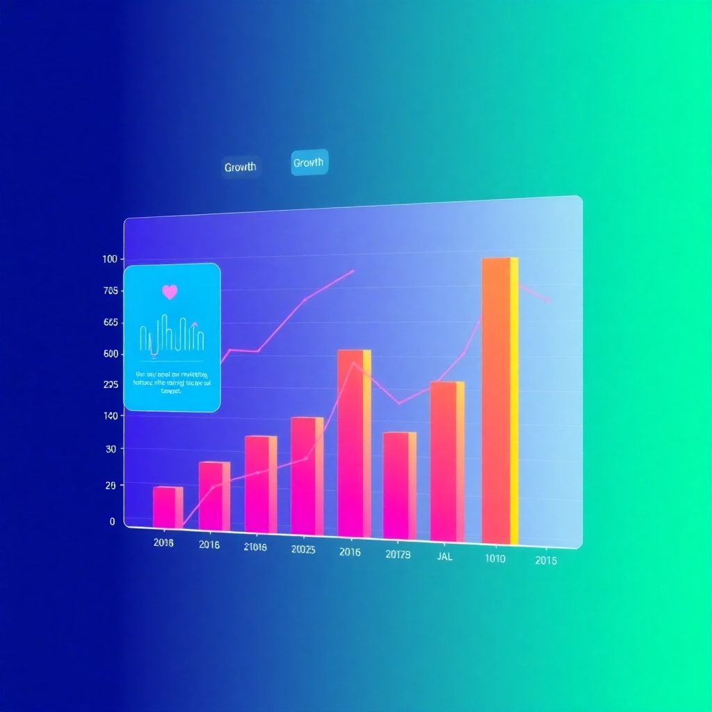 Show data visualization charts demonstrating the successful growth and results of an AI-driven marketing campaign. The image should use bright colors and upward-trending graphs to visually represent success.